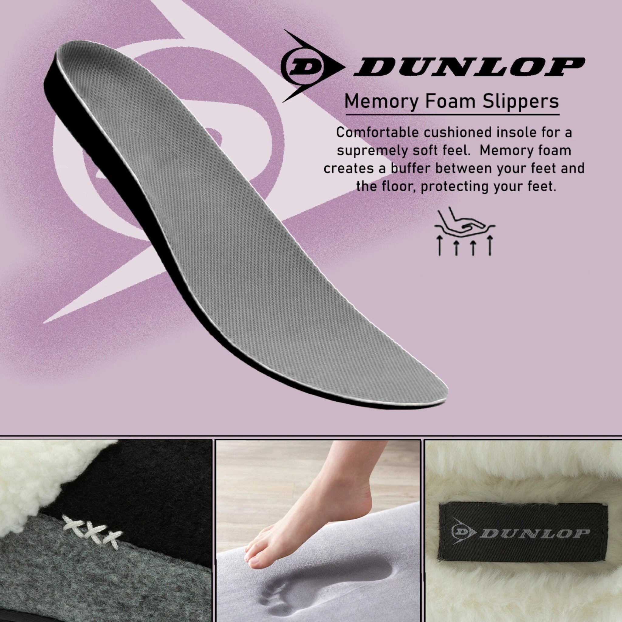 womens memory foam Warm indoor Dunlop ladies slippers with soft lining and non slip sole in black and grey